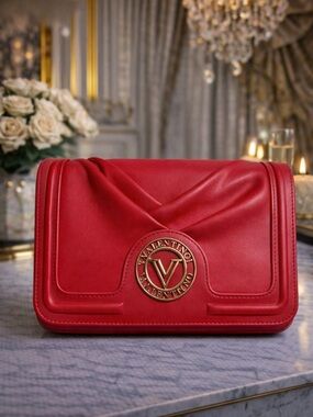 Valentino Orlandi Red Leather Crossbody with Gold Emblem Accent NEW